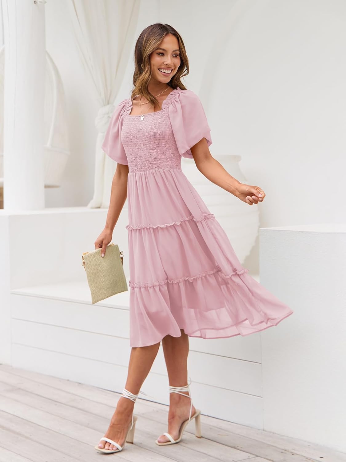 Valentina Robe Midi Femme – Encolure Carrée, Smock, Manches Volants Ligne A