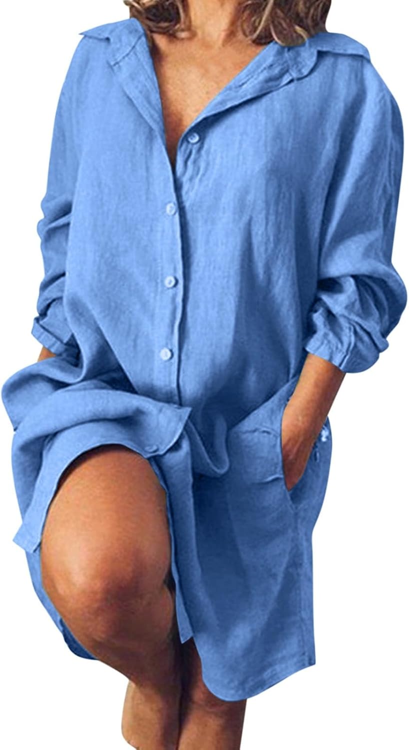 Giada Women's Shirt Dress – Casual Maxi Cotton and Linen Dress with Collar