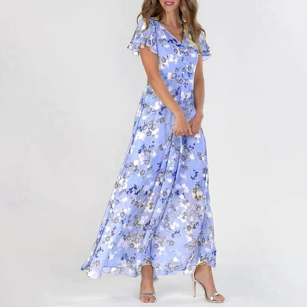 Giulia Robe Femme Maxi Fleurie – Col V, Manches Volants Bohème Élégante d'Été