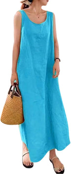 Elisa Vestito Lungo in Cotone da Donna – Abito Estivo Casual Senza Maniche con Tasche