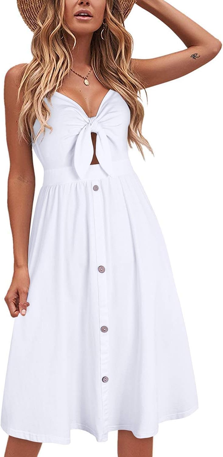 Chiara Robe Femme Mini d'Été – Bretelles Col V, Nœud Frontale Poches Chic