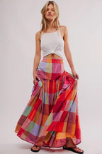 Clara Gonna Maxi Donna a Quadri Multicolor – Gonna Lunga Fluida a Vita Alta
