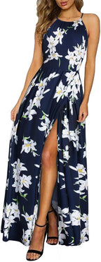 Valentina Vestito Maxi Floreale da Donna – Abito Elegante Halter Estivo da Spiaggia