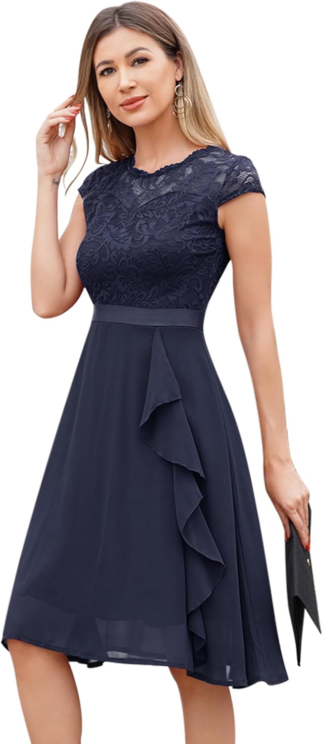 Élodie Robe Cocktail Femme – Robe Élégante en Dentelle avec Jupe en Chiffon