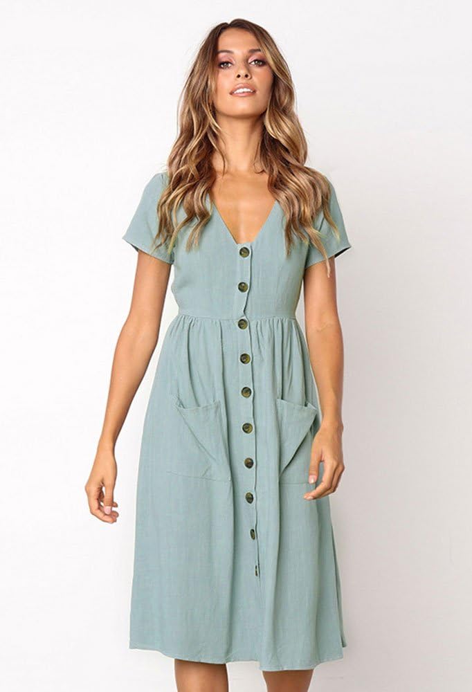Meden Vestido Mujer Midi – Escote en V, Botones Decorativos, Línea A, Bolsillos Verano