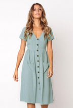 Meden Vestido Mujer Midi – Escote en V, Botones Decorativos, Línea A, Bolsillos Verano