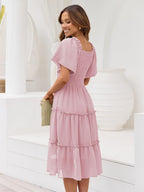 Valentina Robe Midi Femme – Encolure Carrée, Smock, Manches Volants Ligne A
