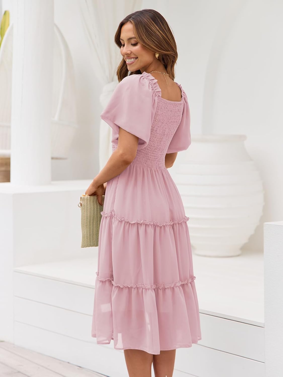 Valentina Robe Midi Femme – Encolure Carrée, Smock, Manches Volants Ligne A