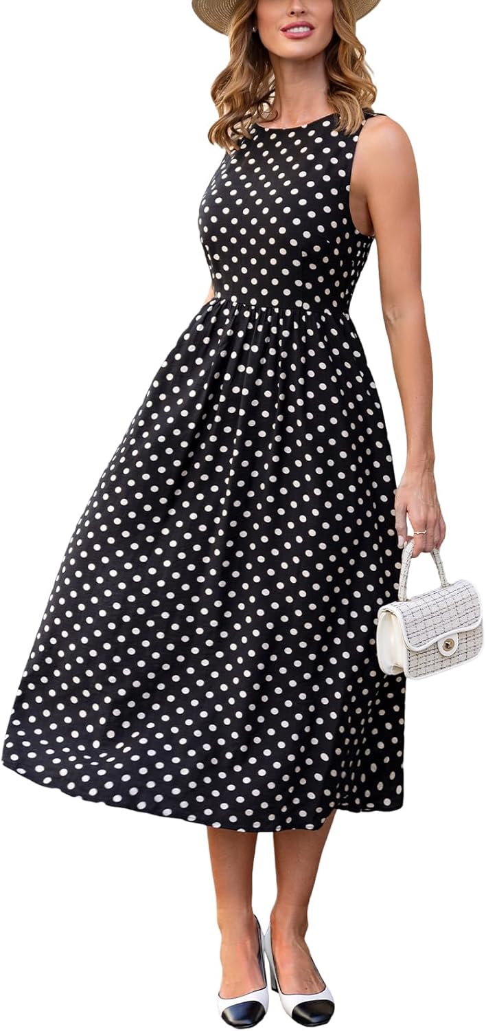 Sophia Vestito Maxi a Pois da Donna – Abito Elegante Senza Maniche con Vita Arricciata