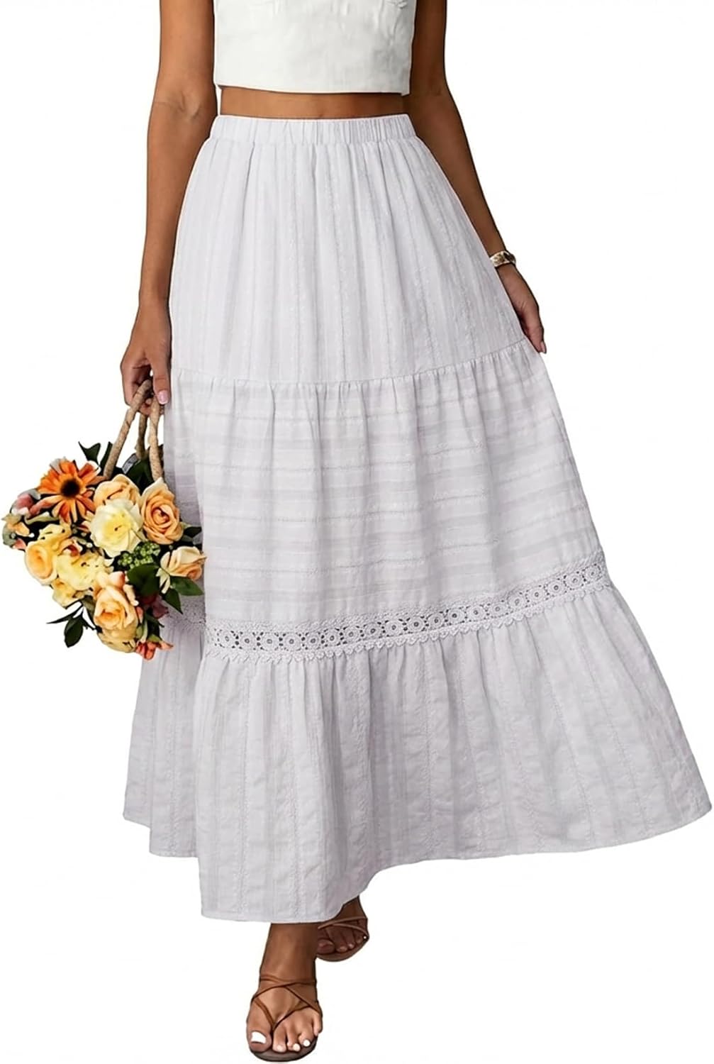 Breilla Falda Maxi para Mujer Boho – Falda Larga de Algodón con Detalles en Encaje Crochet