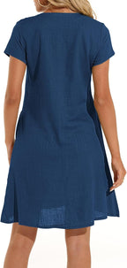Weng Abito in Lino Donna – Vestito Midi con Scollo a V, Maniche Corte e Tasche