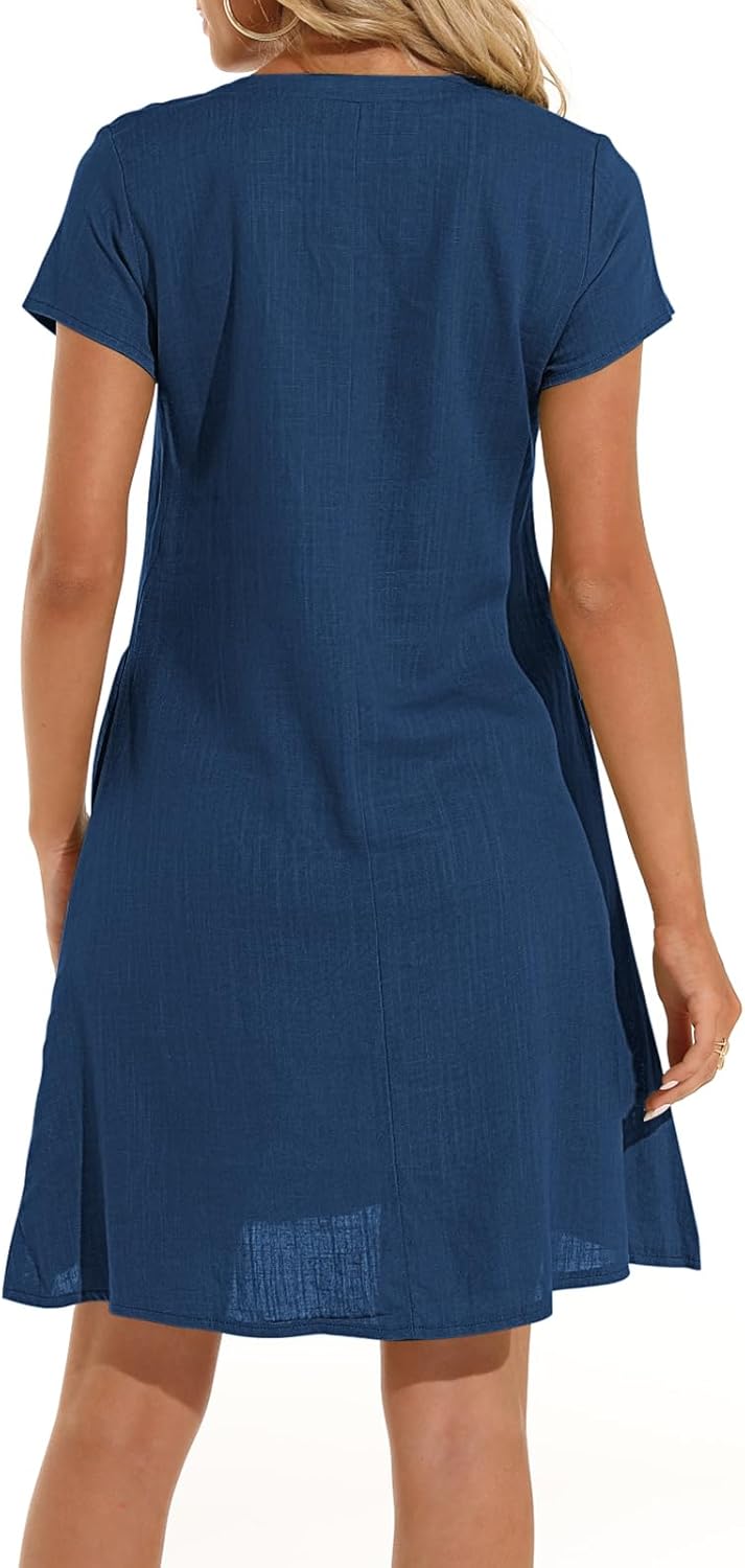 Weng Abito in Lino Donna – Vestito Midi con Scollo a V, Maniche Corte e Tasche
