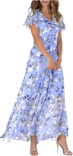 Giulia Robe Femme Maxi Fleurie – Col V, Manches Volants Bohème Élégante d'Été