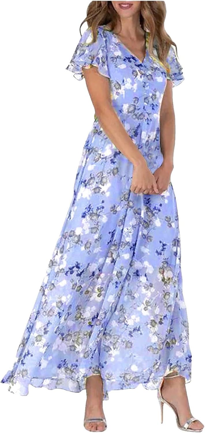 Giulia Robe Femme Maxi Fleurie – Col V, Manches Volants Bohème Élégante d'Été