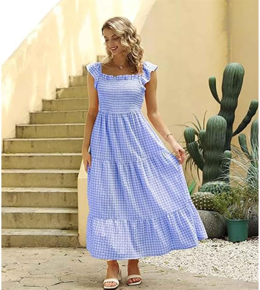 Emma Women's Checked Maxi Dress – Summer Dress with Ruched Bodice and Pockets