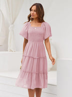 Valentina Robe Midi Femme – Encolure Carrée, Smock, Manches Volants Ligne A
