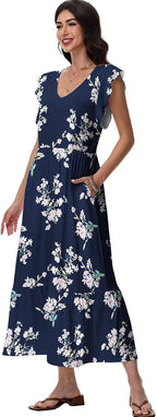 Sonya Vestito Floreale da Donna – Abito Midi Estivo con Scollo V e Tasche