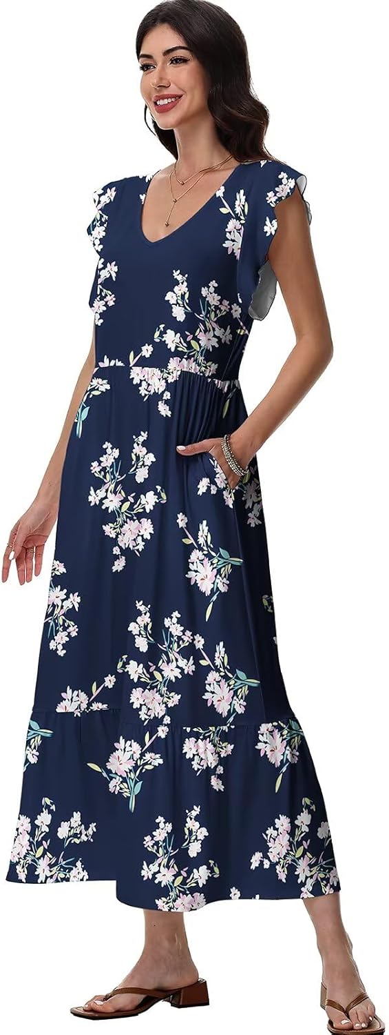 Sonya Vestito Floreale da Donna – Abito Midi Estivo con Scollo V e Tasche