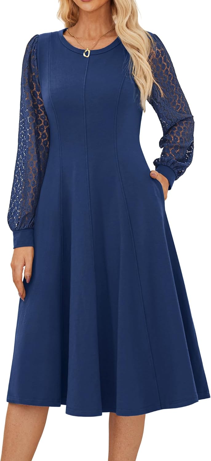 Karin Abito Donna Midi Elegante – Maniche Pizzo, Girocollo, A-Line Casual Chic