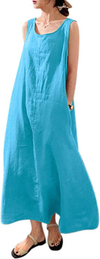 Elisa Vestito Lungo in Cotone da Donna – Abito Estivo Casual Senza Maniche con Tasche