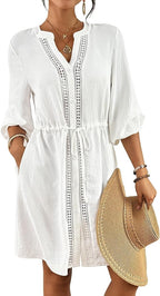 Elisa Vestido de Playa Mujer – Pareo con Escote en V, Botones, Cordón con Bolsillos