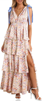 Robe Maxi Florale Femme Alessia – Bretelles Réglables, Col V, Fente Bohème