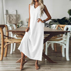 Marta Women's Dress – Long Linen Dress, V-Neck, Pockets, Casual Summer