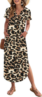 Francesca Robe Maxi Femme – Col V, Fente Latérale, Poches, Robe Décontractée