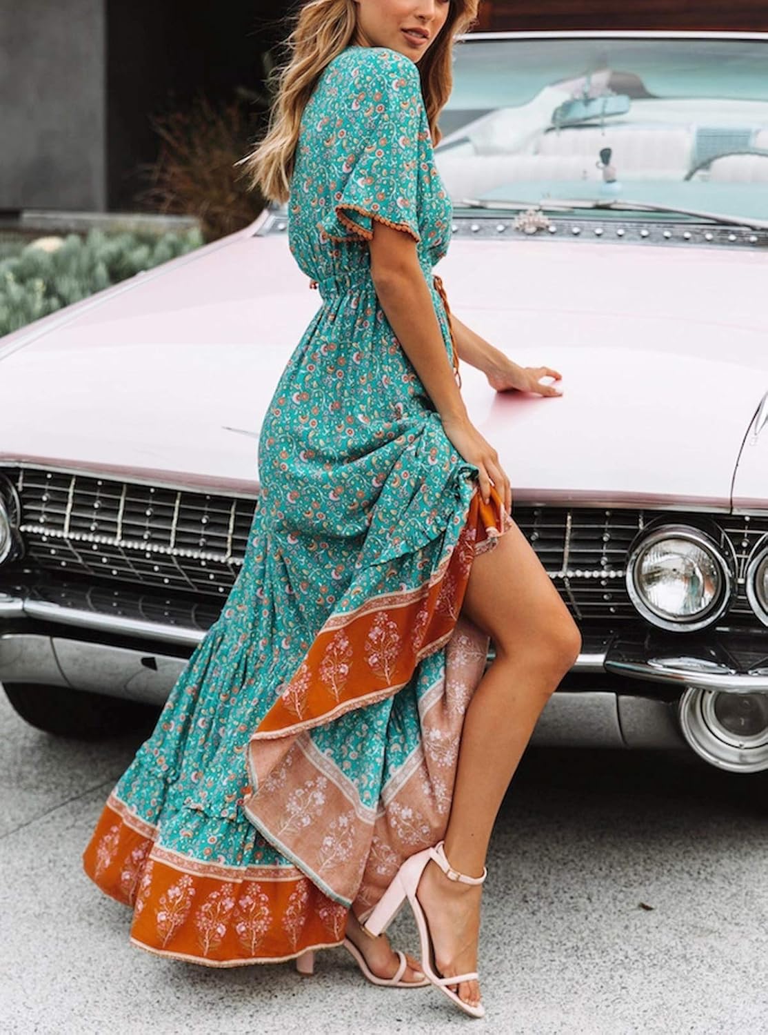 Elisa Abito Donna Maxi Boho – Scollo V Bottoni, Vestito Floreale Estivo Elegante