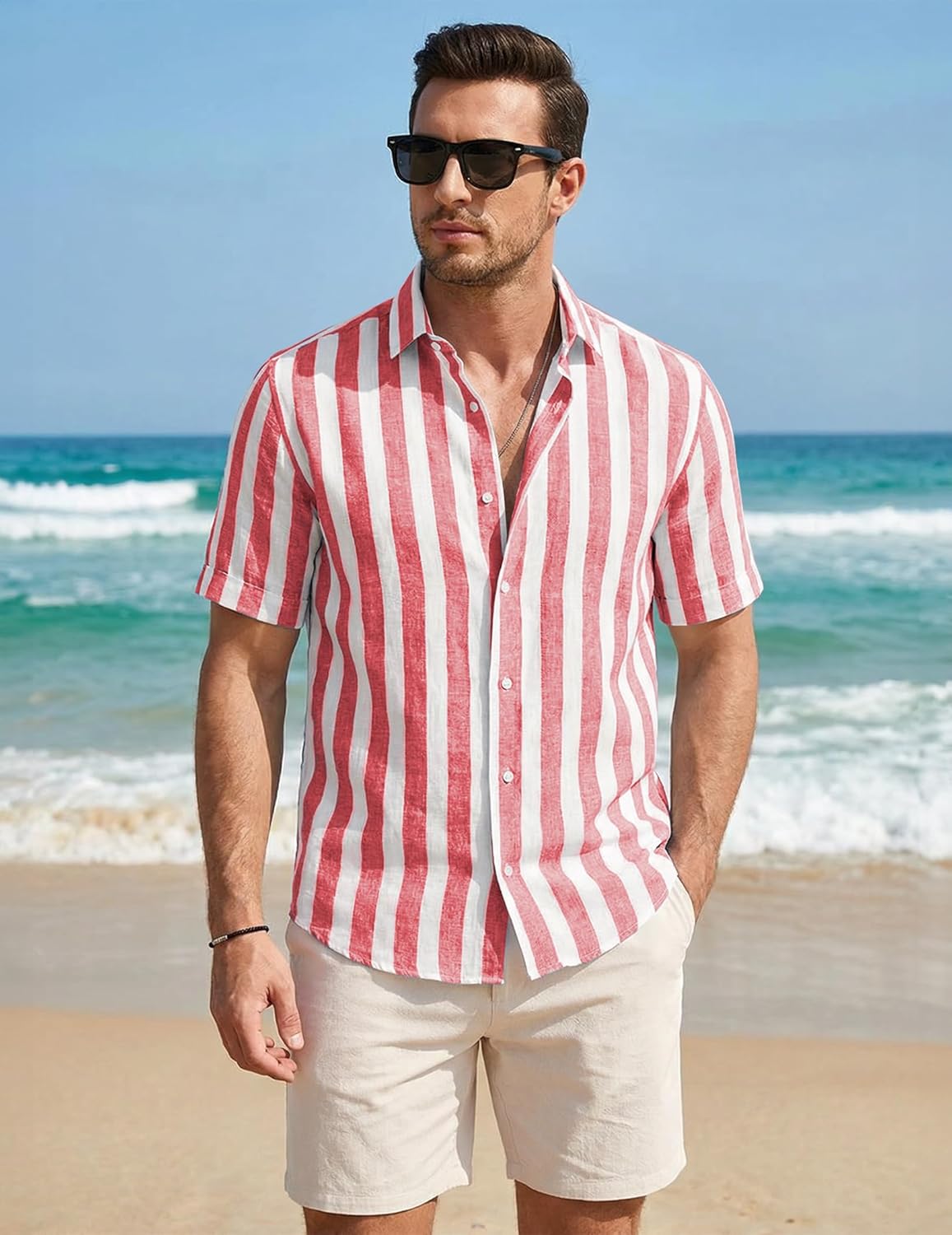 Luca Camisa de Rayas para Hombre – Camisa Casual de Verano de Manga Corta