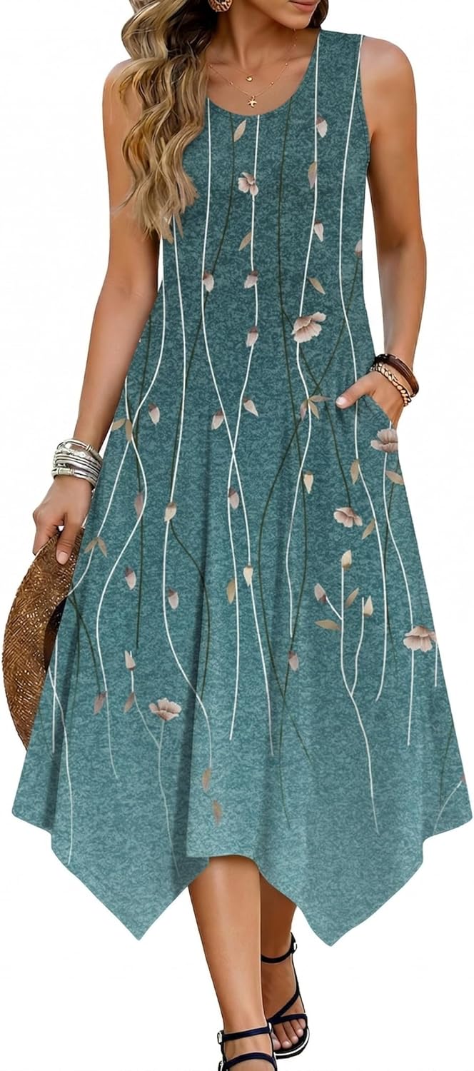 Mara Abito Donna Boho Midi – Floreale, Orlo Asimmetrico, Tasche Estivo