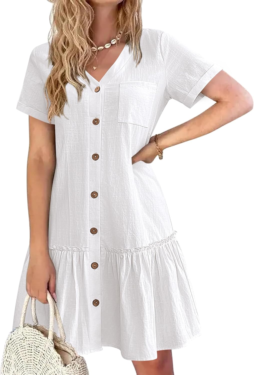 Lorenza Abito Donna – Vestito Lino Cotone, Bottoni, Volant, Casual Elegante