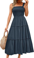 Olivia Robe Maxi d'Été pour Femme – Robe Fluide avec Bretelles Élastiques et Volants