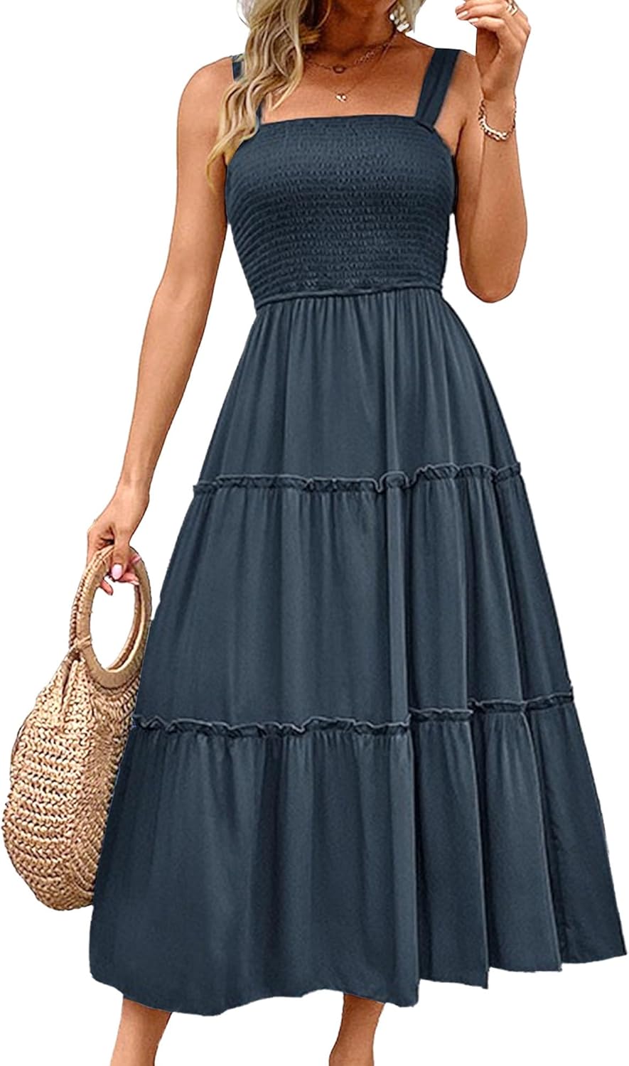 Olivia Vestito Maxi Estivo da Donna – Abito Fluido con Spalline Elastiche e Balze