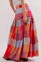 Clara Gonna Maxi Donna a Quadri Multicolor – Gonna Lunga Fluida a Vita Alta