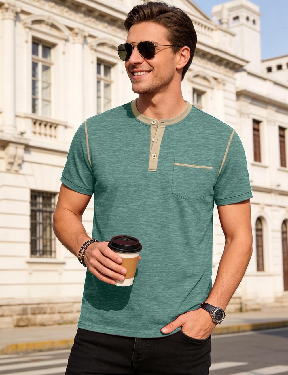 T-shirt Henley Matteo Homme – T-shirt décontracté à manches courtes avec boutons