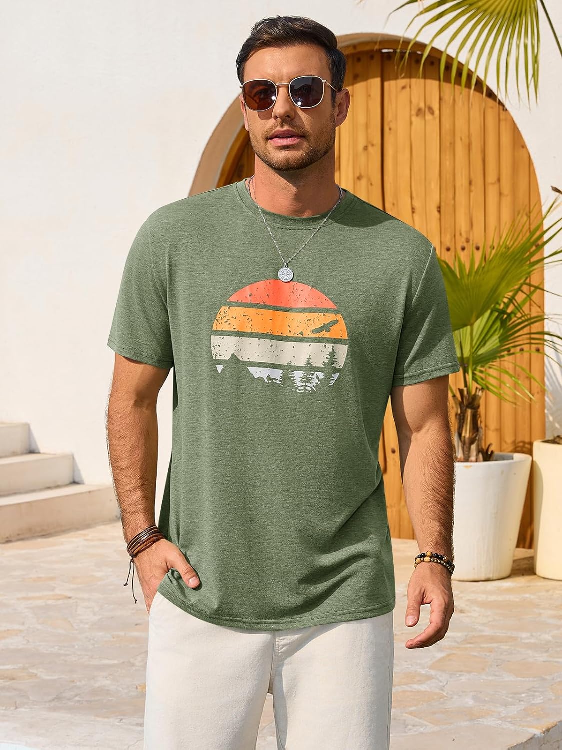 Mario T-Shirt Estiva da Uomo – Maglietta Grafica Vintage con Stampa Tramonto