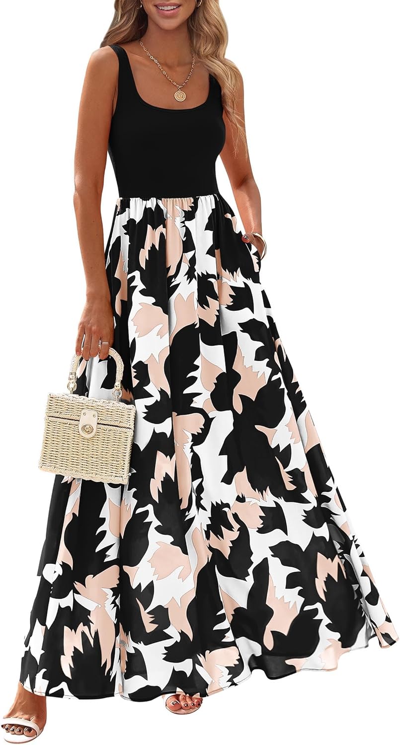 Giulia Abito Donna Maxi Floreale – Scollo U, Senza Maniche, A-Line, Tasche Estivo