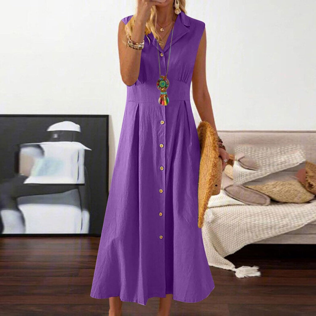 Aurora Abito Donna – Vestito Lungo Lino Cotone, Senza Maniche, Bottoni