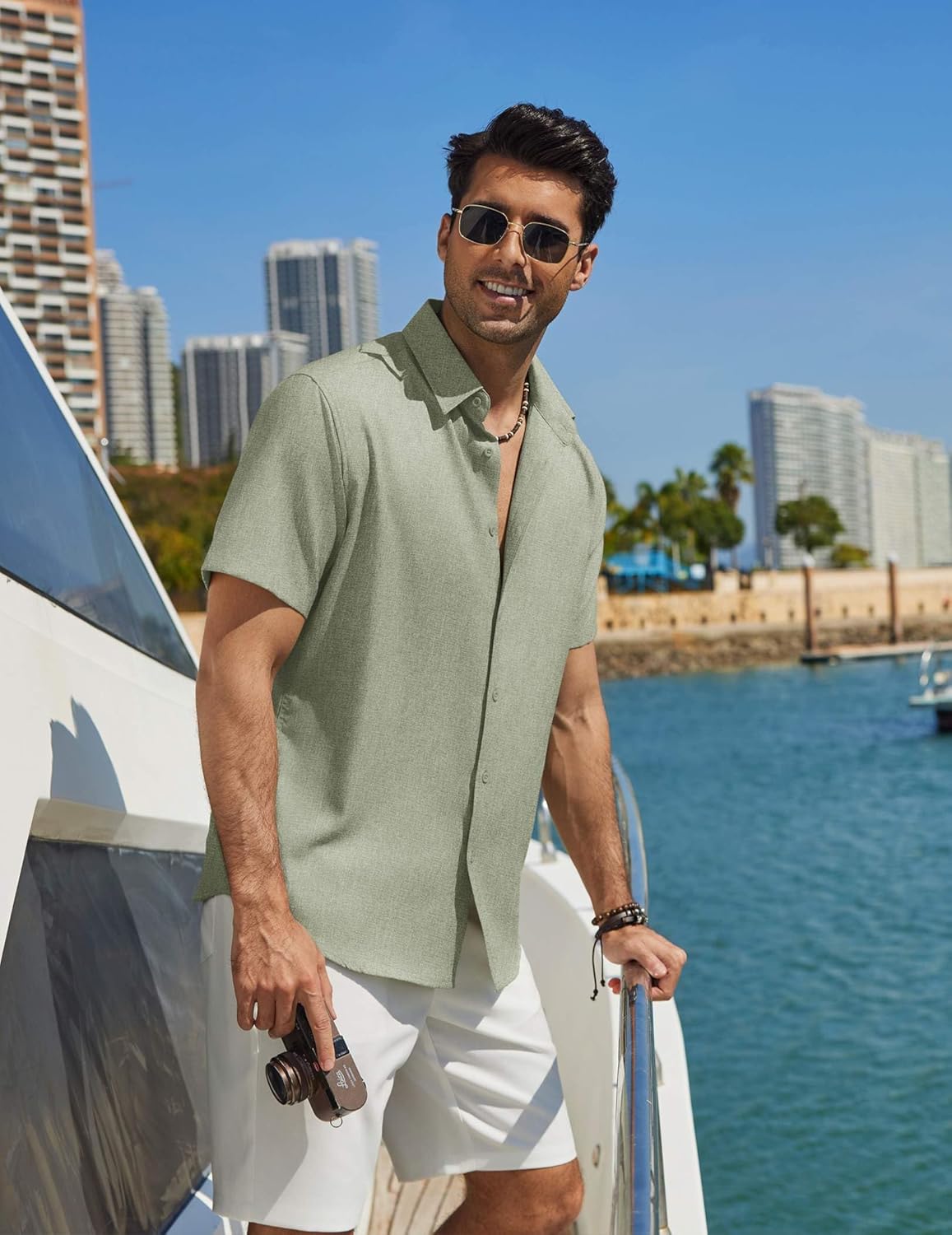 Lorenzo Camisa de Verano para Hombre – Camisa Casual de Manga Corta con Efecto Lino