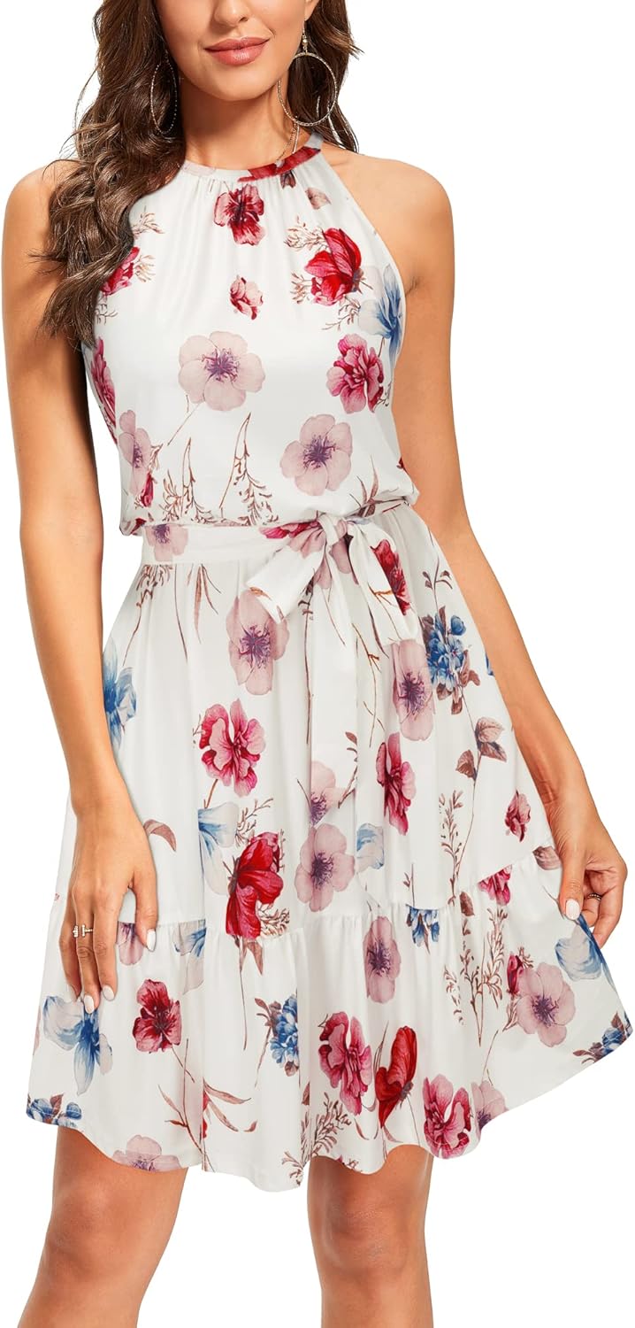 Olivia Abito Estivo Donna – Vestito Floreale con Halterneck, Cintura e Tasche