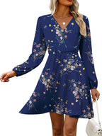 Sofia Vestito Donna Floreale – Scollo V Incrociato, Maniche Lunghe, A-Line Elegante