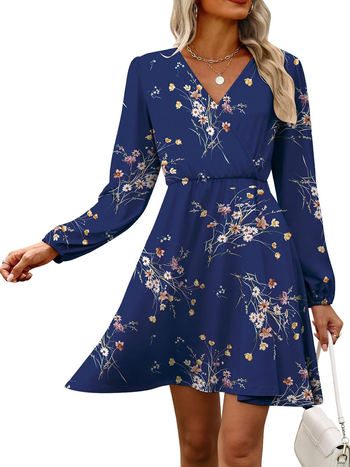 Sofia Vestito Donna Floreale – Scollo V Incrociato, Maniche Lunghe, A-Line Elegante