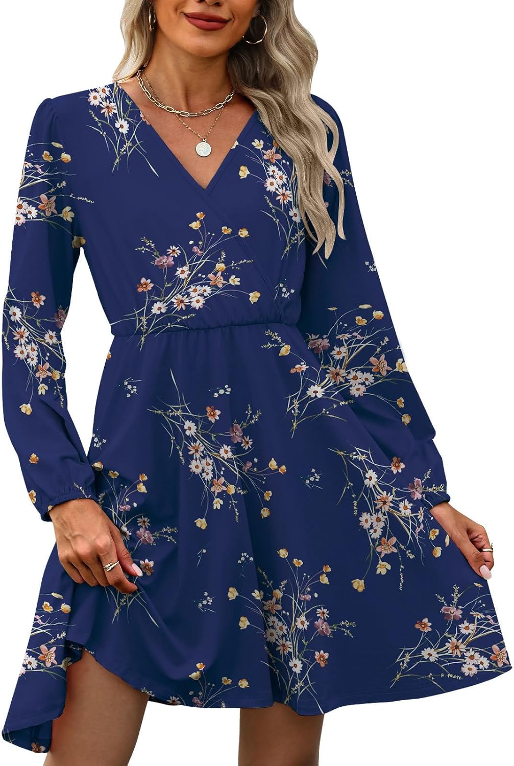 Sofia Vestito Donna Floreale – Scollo V Incrociato, Maniche Lunghe, A-Line Elegante
