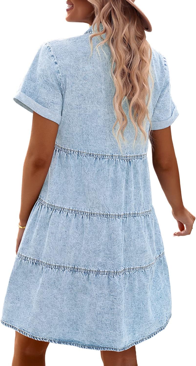 Vilma Abito Donna Denim – Babydoll, Bottoni, Maniche Corte, A-Line Estivo