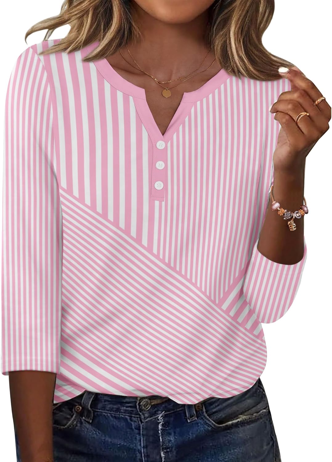 Blusa Elena para mujer – Mangas 3/4, escote henley, top casual elegante para trabajo