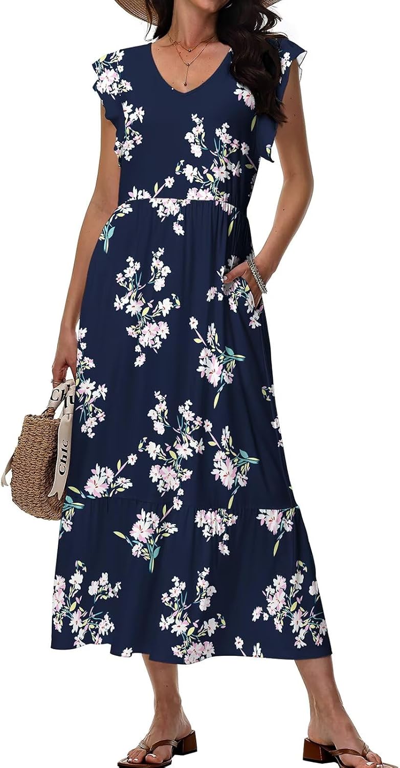 Sonya Vestito Floreale da Donna – Abito Midi Estivo con Scollo V e Tasche