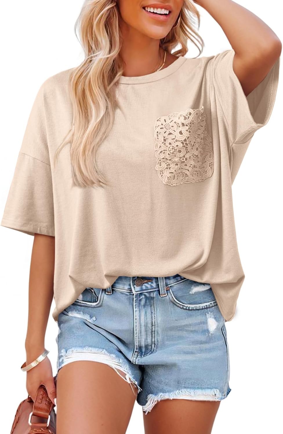 Giulia T-Shirt Donna – Oversize con Tasca in Pizzo, Maniche Corte Casual Estiva