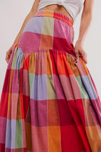 Clara Gonna Maxi Donna a Quadri Multicolor – Gonna Lunga Fluida a Vita Alta