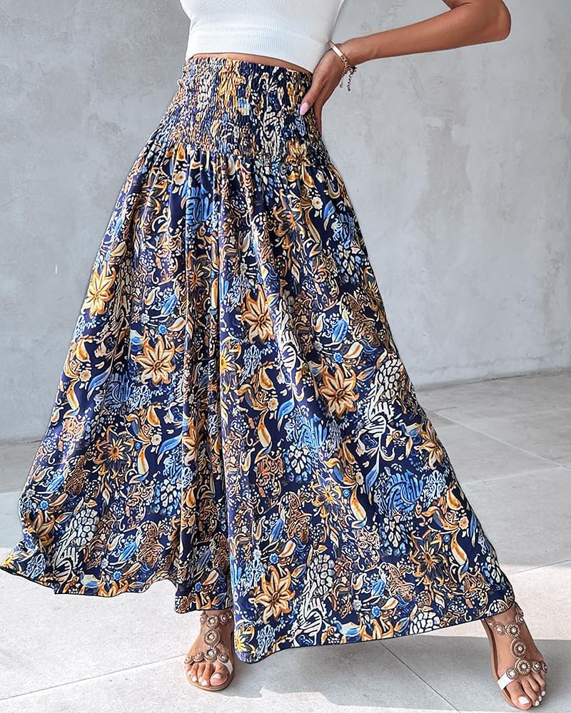 Thea Pantaloni Palazzo Donna – Modello Boho Floreale a Vita Alta